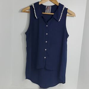 MAUVE by Anthropologie High-Low Lace Trimmed Navy Blue Sleeveless Top Size S